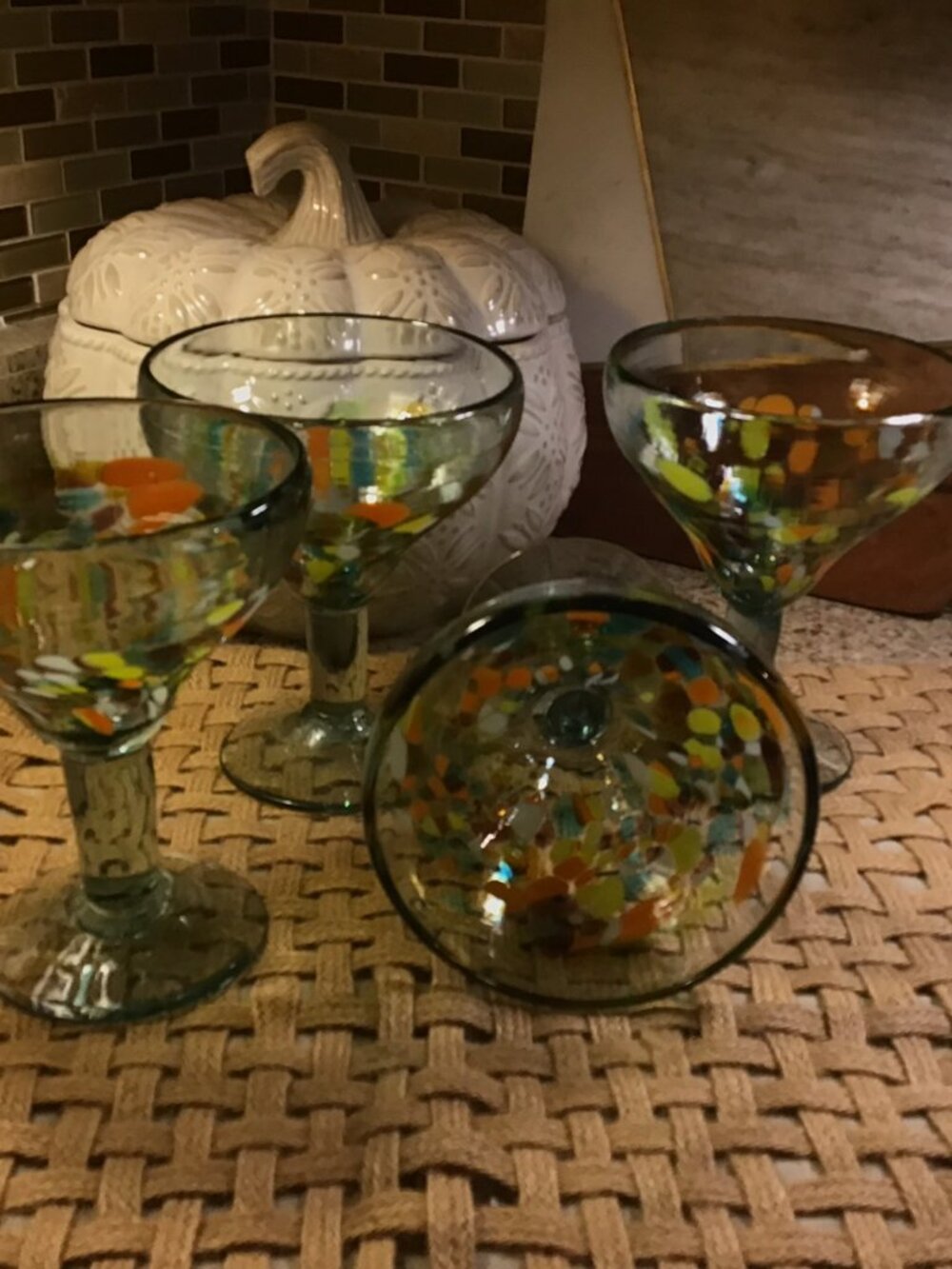 Mexican Hand Blown Confetti Margarits Glasses set of 4 MINT CONDITION